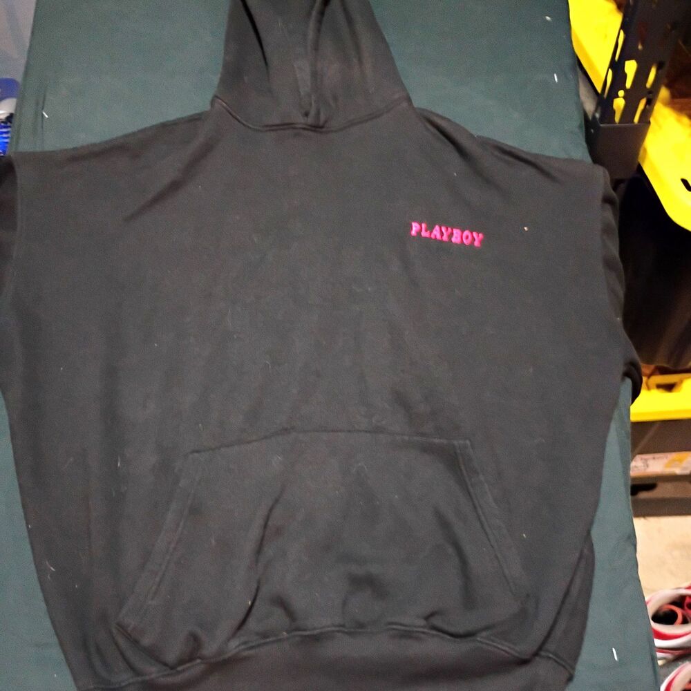 Missguided Playboy Men's 2XL Black Fleece Pullover Hoodie Logo Graphic Pocket